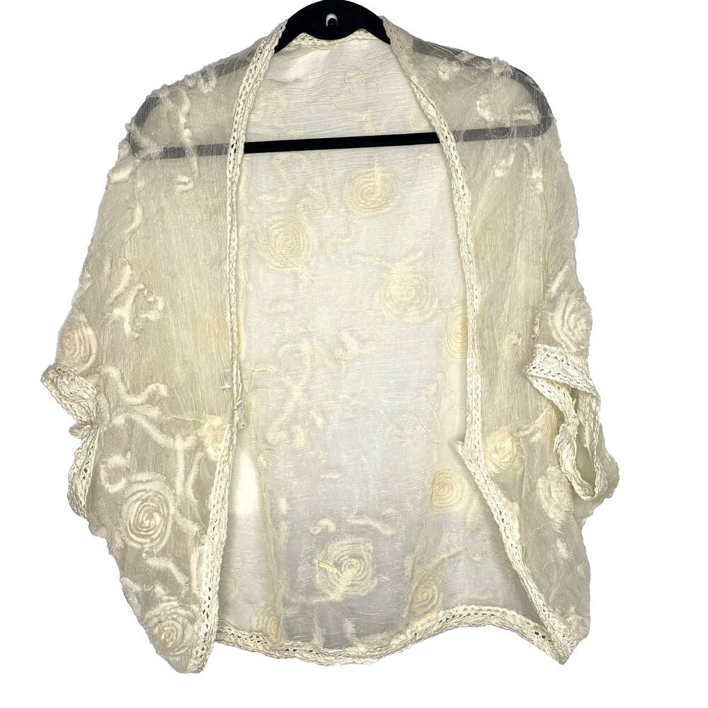 2 CHIC Cardigan Sheer 3D Flowers Gauzy Lace Crochet Raw Hem Cover Up Boho Womens